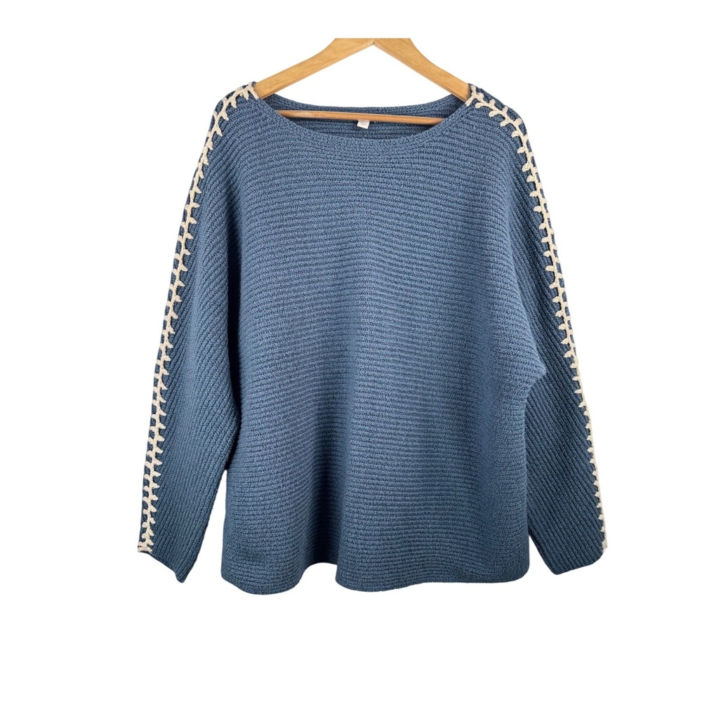 Pure Jill Sweater 2X Blue Boho Whipstitch Detail Relaxed Knit lagen preppy